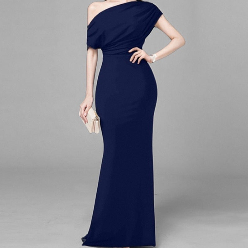 2025 Summer Amazon Cross-border European and American Fashion New Temperament Elegant and Fashionable Solid Color Hip Wrapping Slanted Shoulder Dress