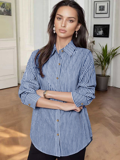 Women's vertical striped shirt, loose lapel-collar long-sleeve shirt, casual commuting versatile striped shirt
