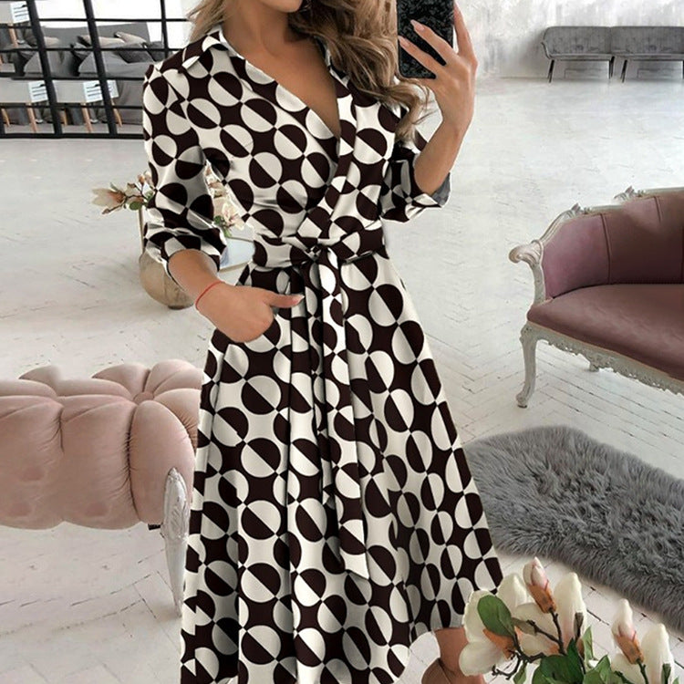 2026 Amazon AliExpress European and American Foreign Trade Women's Fashion Printed Long Sleeve V-neck Hip Wrap Commuter Dress 661