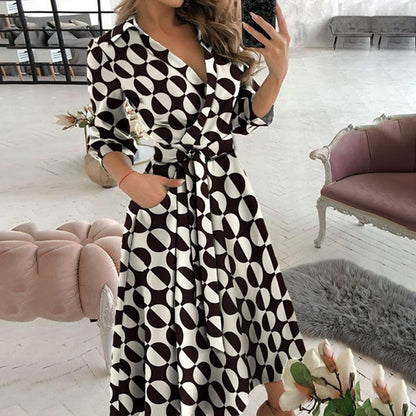 2026 Amazon AliExpress European and American Foreign Trade Women's Fashion Printed Long Sleeve V-neck Hip Wrap Commuter Dress 661