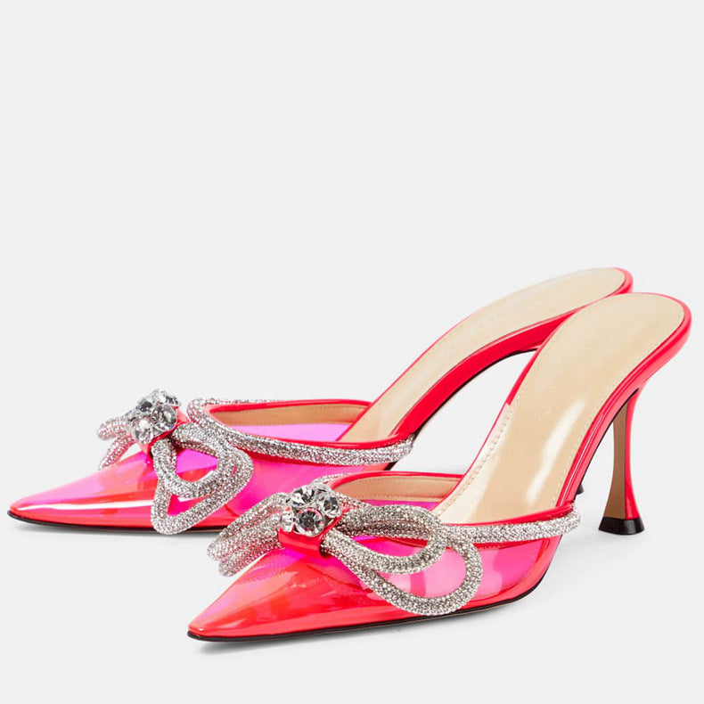 Transparent bow rhinestone high heel sandals pointed toe stiletto heels fashion European and American cross-border European and American style