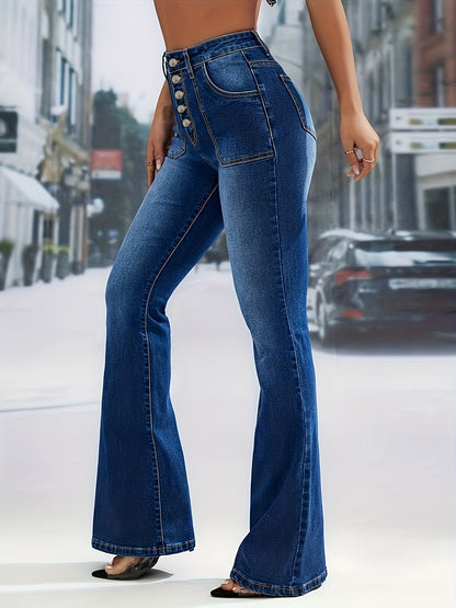 New bootcut American jeans, high-waisted single-breasted jeans, high-waisted stretch skinny denim trousers