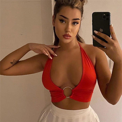 Cross-border summer new European and American clothing sexy deep V halterneck strap crop navel small vest hot girl low-cut small suspender