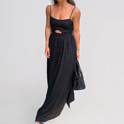 2026 European and American fashion spring and autumn new resort style solid color hollow suspender high-waisted French dress long skirt woman