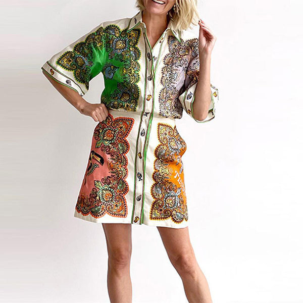2026 Spring New Cross-border European and American Lapel Printed Shirt Dress Fashion Casual Slim Fit Short Dress