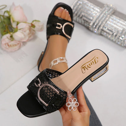 European and American cross-border foreign trade wholesale high-heeled sandals, women's slippers, elegant chain decorative buttons, square-toe sandals