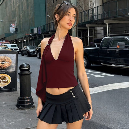 Foreign trade European and American winter new women's clothing solid color pure desire sexy low-cut halterneck streamer open back camisole vest