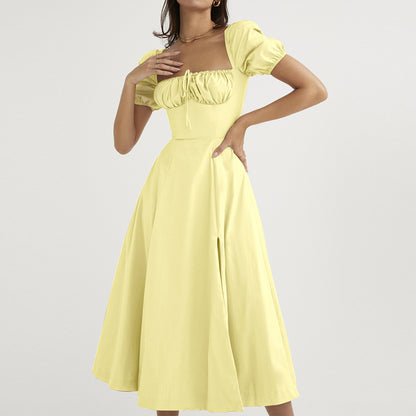 2026 Amazon French Long Skirt European and American Foreign Trade Women's Puff Sleeve Lace-up Slim European and American Large Pose Dress Women