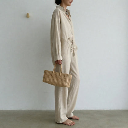 Amazon's spring 2025 European and American cross-border new temperament loose wide-leg pants shirt fashion casual suit 661