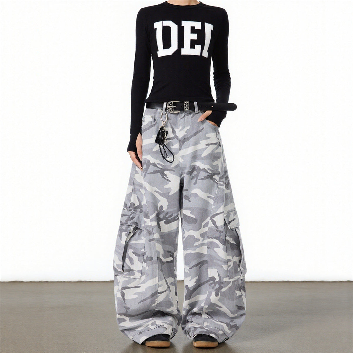 Neutral autumn and winter high street gray and white camouflage pants, plus size cargo pants, women's trendy brand loose and versatile straight wide-leg scimitar pants
