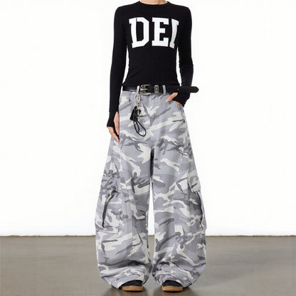 Neutral autumn and winter high street gray and white camouflage pants, plus size cargo pants, women's trendy brand loose and versatile straight wide-leg scimitar pants