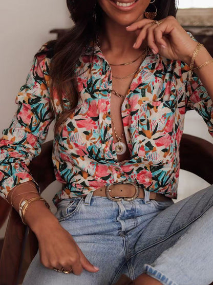 Cross-border foreign trade spring artistic print long-sleeve shirt, women's lapel loose single-breasted shirt, shirt with sleeves