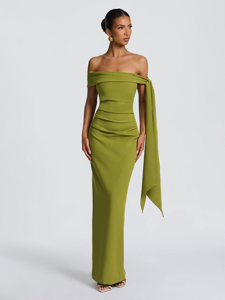 European and American style autumn new women's clothing sexy one-shoulder streamer sleeveless pleated slim hip bandeau dress for women