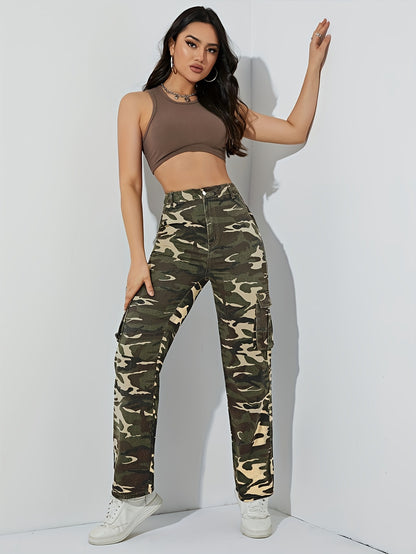 Spring and Autumn new camouflage workwear high-waisted temperament straight denim trousers women's slacks are versatile