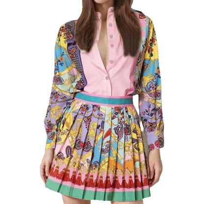 2025 Spring European and American Cross-border Women's New Printed Long-sleeved Shirt Top + Pleated Skirt Set Women's Two-Piece Set