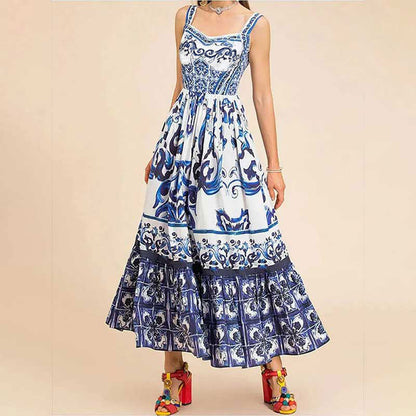 Amazon European and American cross-border women's clothing new printed square neck sundress pleated slim large swing European and American dress women