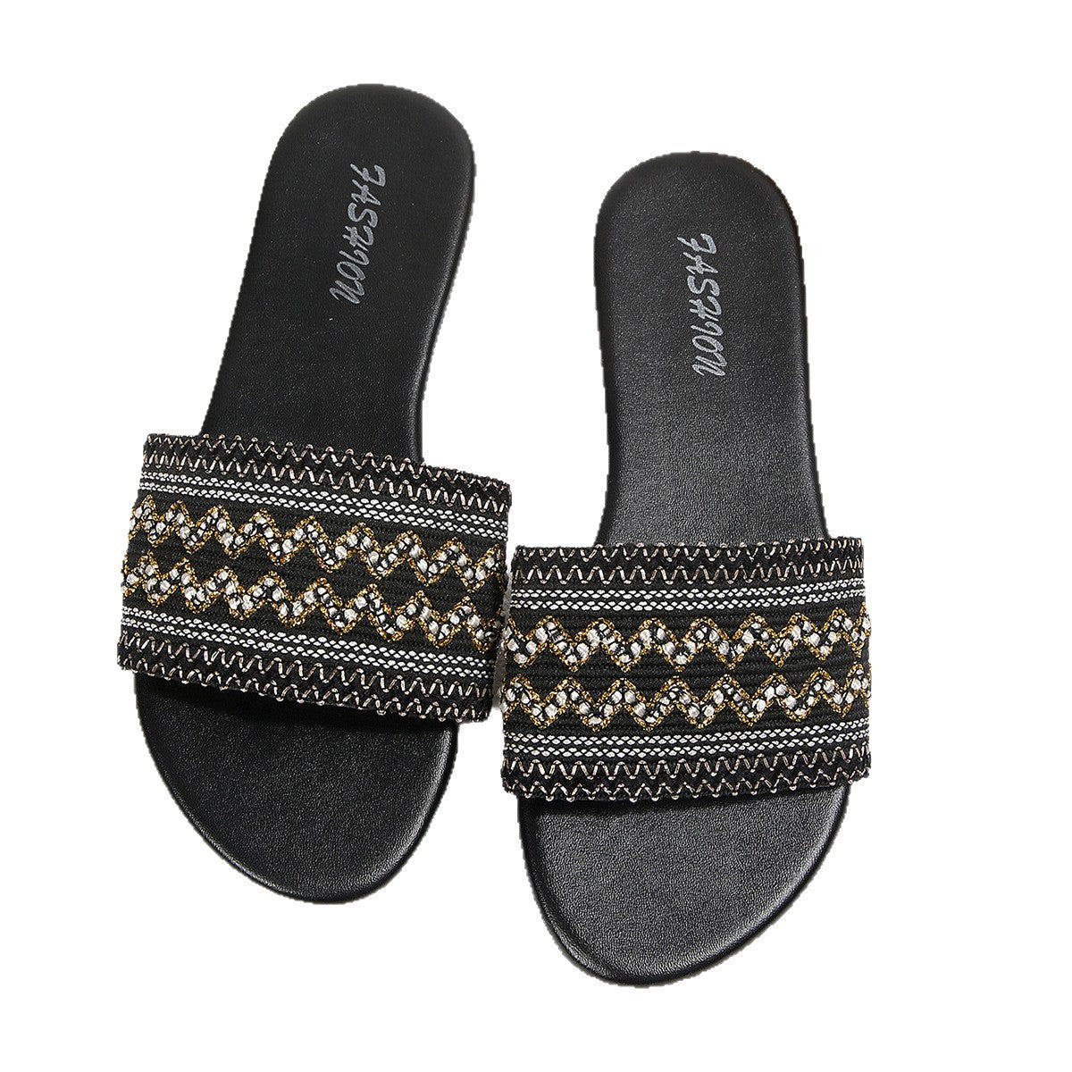 European and American cross-border women's shoes, export fashion slippers, classic versatile ethnic style webbing decoration, round-toe flat sandals