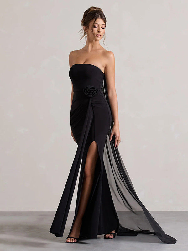 2025 new cross-border European and beautiful clothing temperament solid color sexy bandeau slim body wrapping hip mopping dress dress for women