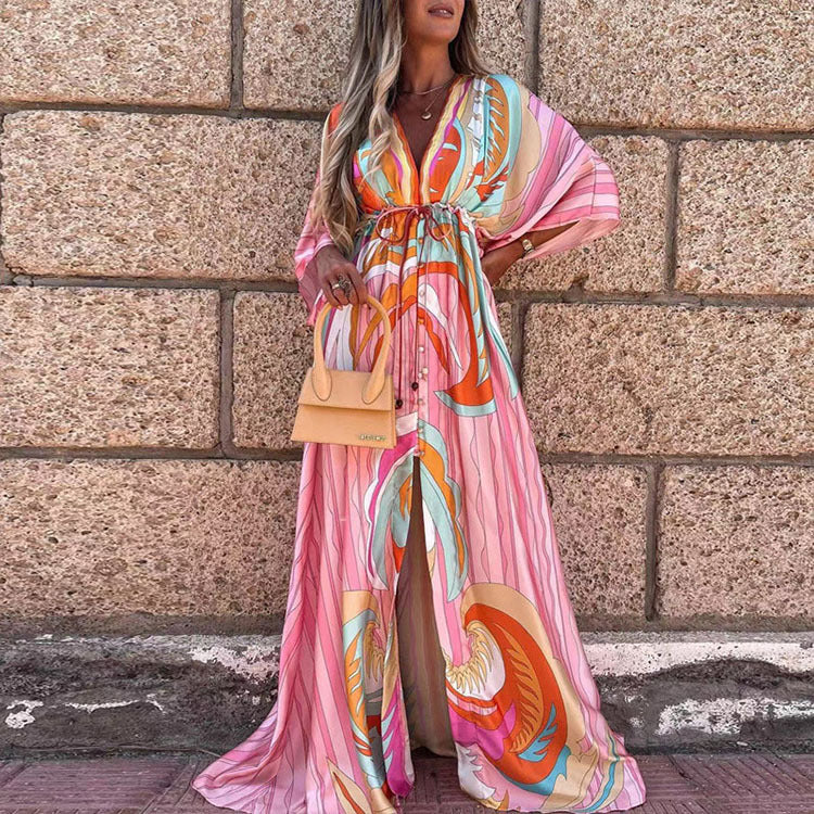 2026 foreign trade European and American wish spring new cross-border resort style V-neck slim print printed and dyed long dress