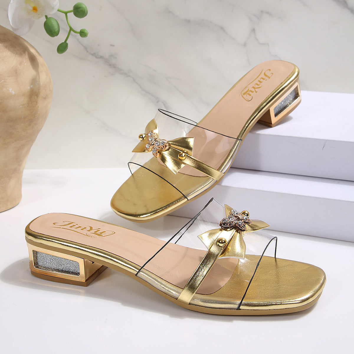 European and American cross-border foreign trade wholesale high-heeled sandals for women, elegant versatile decorative buttoned square-toe sandals