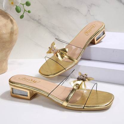 European and American cross-border foreign trade wholesale high-heeled sandals for women, elegant versatile decorative buttoned square-toe sandals