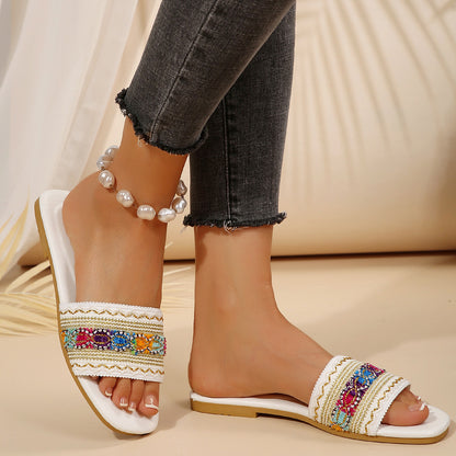 Boho style flat slippers women's outerwear with woven straps lightweight beach sandals wish non-slip versatility