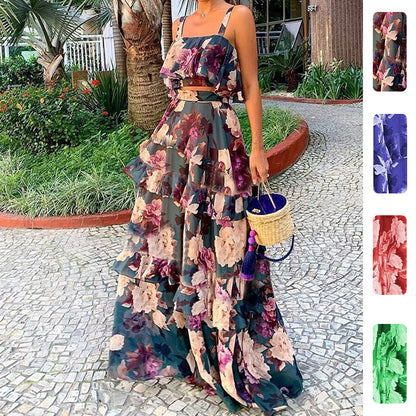 Conjunto de duas peças com top de alças e saia comprida, estilo resort de praia, com estampado europeu e americano, novidade de 2026.