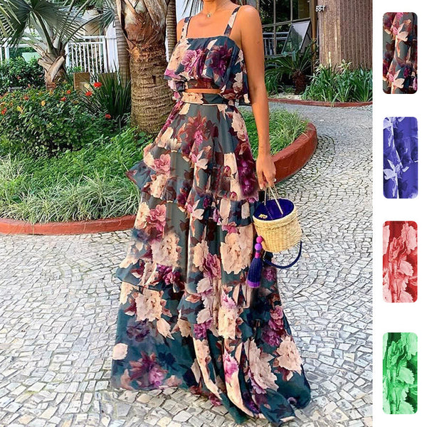 2026 New European and American Clothing Beach Resort Style Print Two-Piece Suspender Top Cake Skirt Long Skirt Set