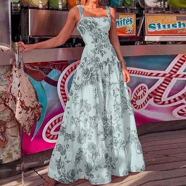 Amazon spring European and American dress new temperament print long large skirt waist slip dress 661