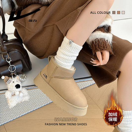Loose platform cake shoes, leather surface warmth, pull-back snow boots, fleece winter new boots, minimalist style, solid color cotton shoes women