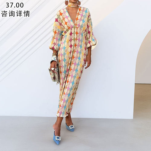 Elegante vestido comprido com decote em V, estampado e mangas abalonadas da Amazon, novidade da coleção Primavera 2026 de roupa europeia e de beleza para mulher.