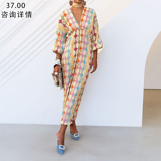 Spring 2026 New Amazon European and Beauty Clothing Elegant V-Neck Printed Lantern Sleeve Long Dress for Women