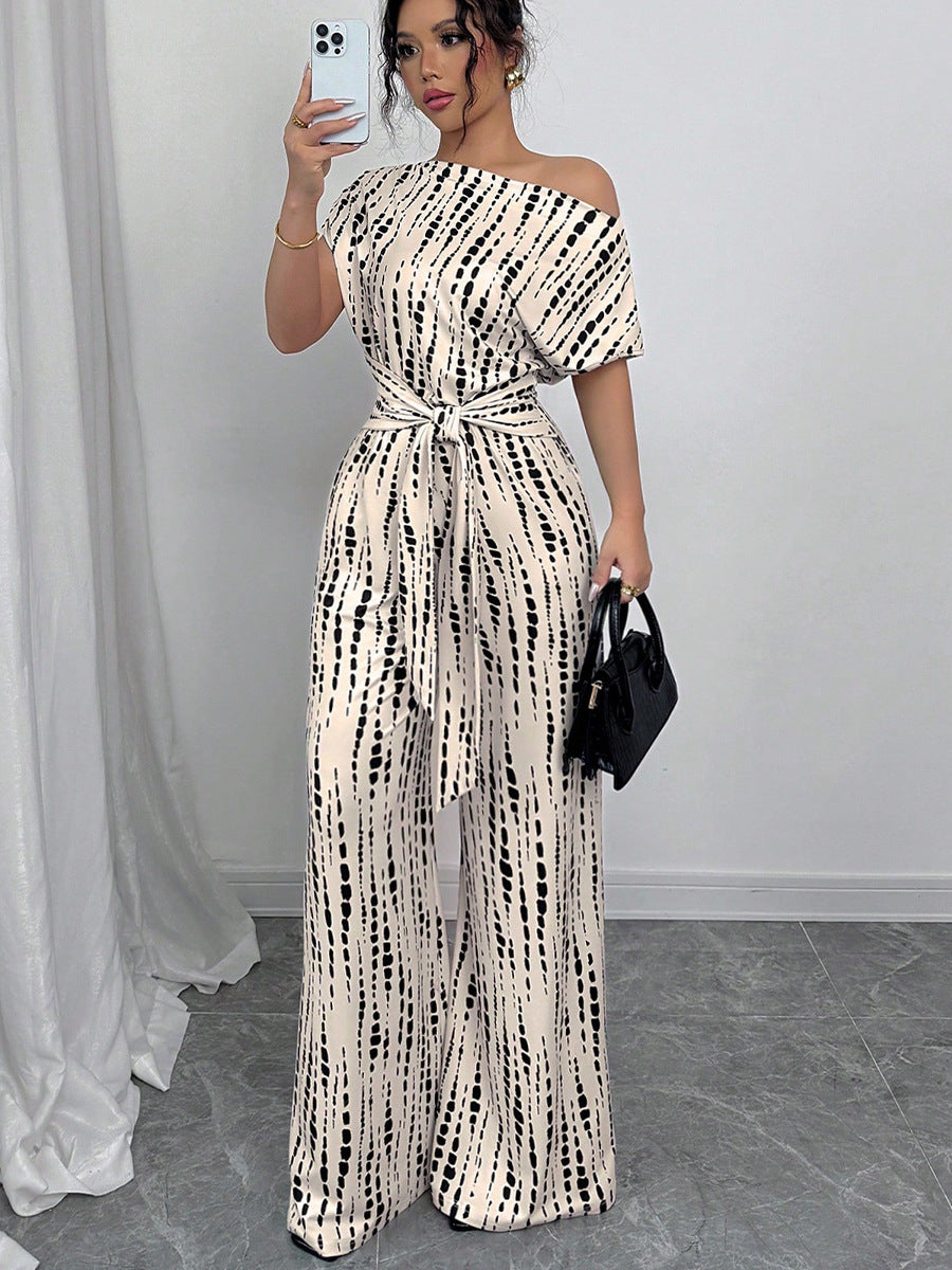 EuroChic 2025 Striped One-Shoulder Asymmetrical Jumpsuit for Women, Chic Slant Shoulder Wide-Leg Romper Pants Outfit