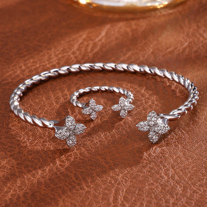 Open copper inlaid zirconia four-leaf clover diamond fashionable commuting simple versatile elegant bracelet ring set for women