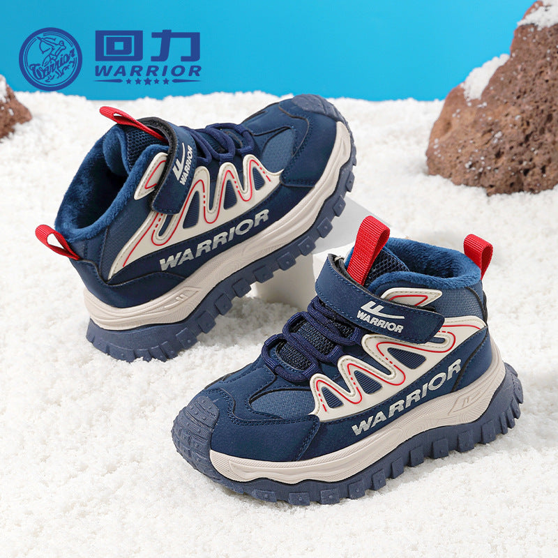 Pull-back blue striped platform shoes, new warm two-cotton shoes in winter, medium and large children, men's and women's casual shoes, light soles and cold stickiness