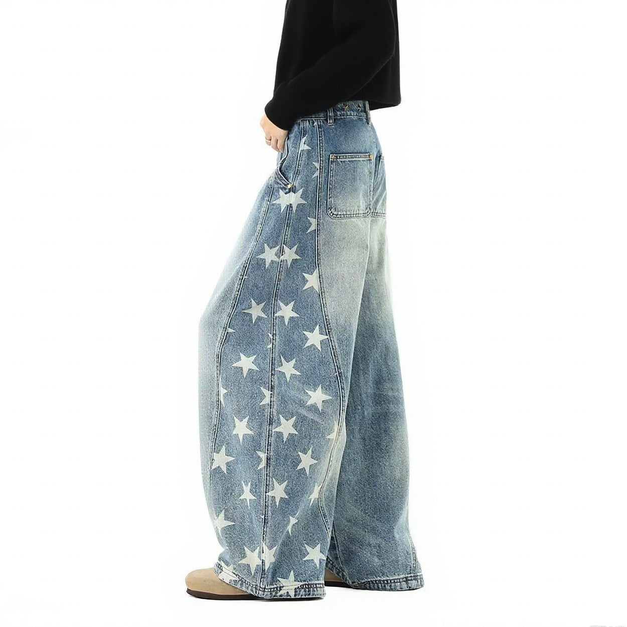 Summer American fashion brand five-star print scimitar jeans women's trend oversize loose wide-leg denim trousers