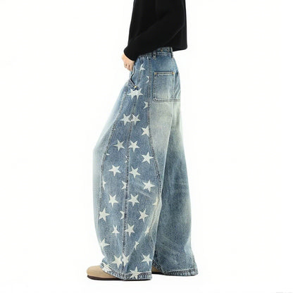 Summer American fashion brand five-star print scimitar jeans women's trend oversize loose wide-leg denim trousers