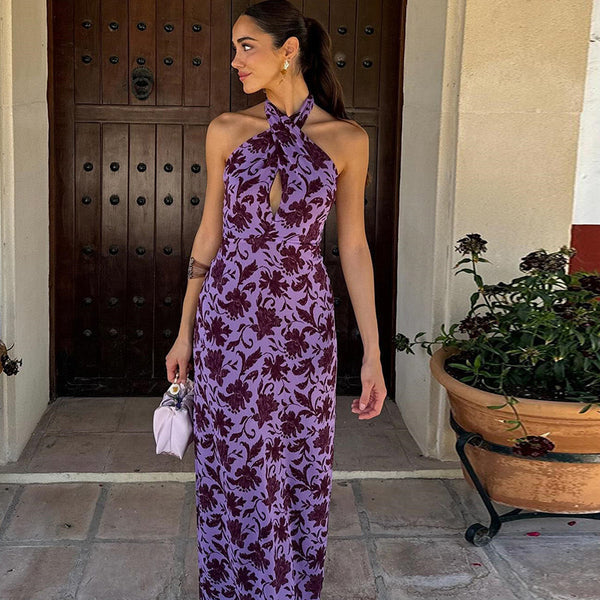 Cross-border Amazon 2025 spring summer new European and American women's print halterneck tie sexy backless slim dress
