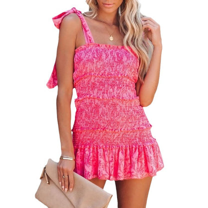 Spot Cross-border 2023 Europe and the United States Amazon New Sexy Lace-up Wrap Chest Pleats Waist Hip Dress Short Skirt