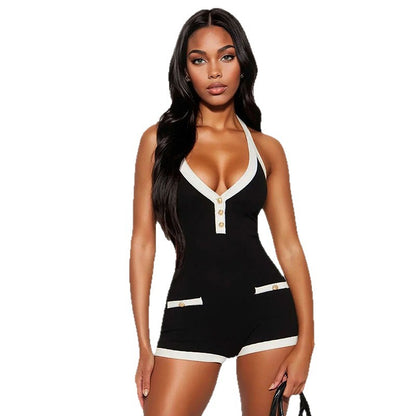 Cross-border new European and American clothing fashion black and white contrasting sexy V-neck halterneck open back strap ultra-short jumpsuit women
