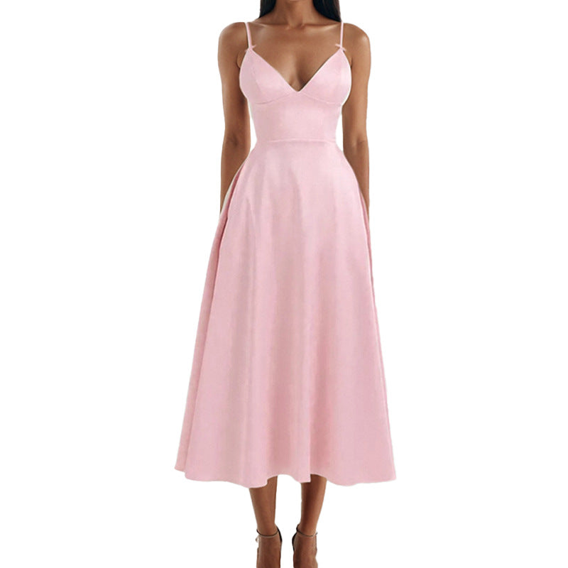 2026 spring new European and American V-neck sexy design long skirt court-style dopamine wearing slip dress