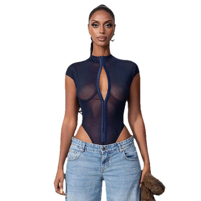 Cross-border AliExpress 2025 Summer New European and American Clothing Metal Buckle Sexy See-Through Slim Mesh Bodysuit
