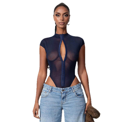 Cross-border AliExpress 2025 Summer New European and American Clothing Metal Buckle Sexy See-Through Slim Mesh Bodysuit