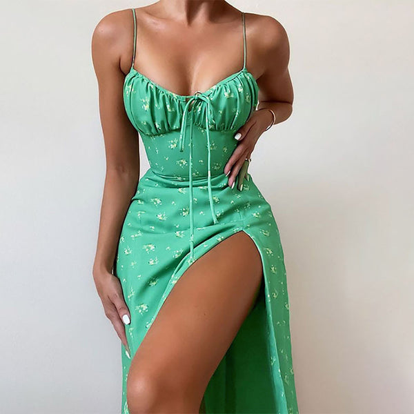 2026 Amazon European and American foreign trade women's cross-border fashion floral sexy lace-up waist slit slip dress