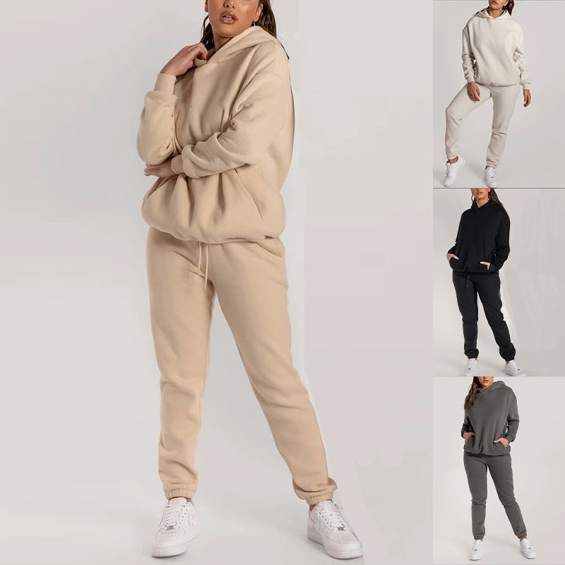 2026 spring new cross-border European and American clothing hot sale solid color casual fashion long-sleeved sweatshirt trousers two-piece set