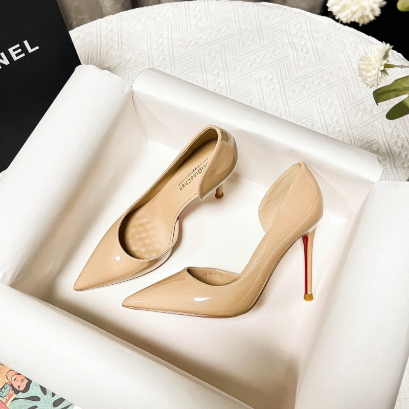 2026 European and American pointed toe stiletto heel side air high heels women's patent leather microfiber inner rubber sole shallow women's shoes super high heels