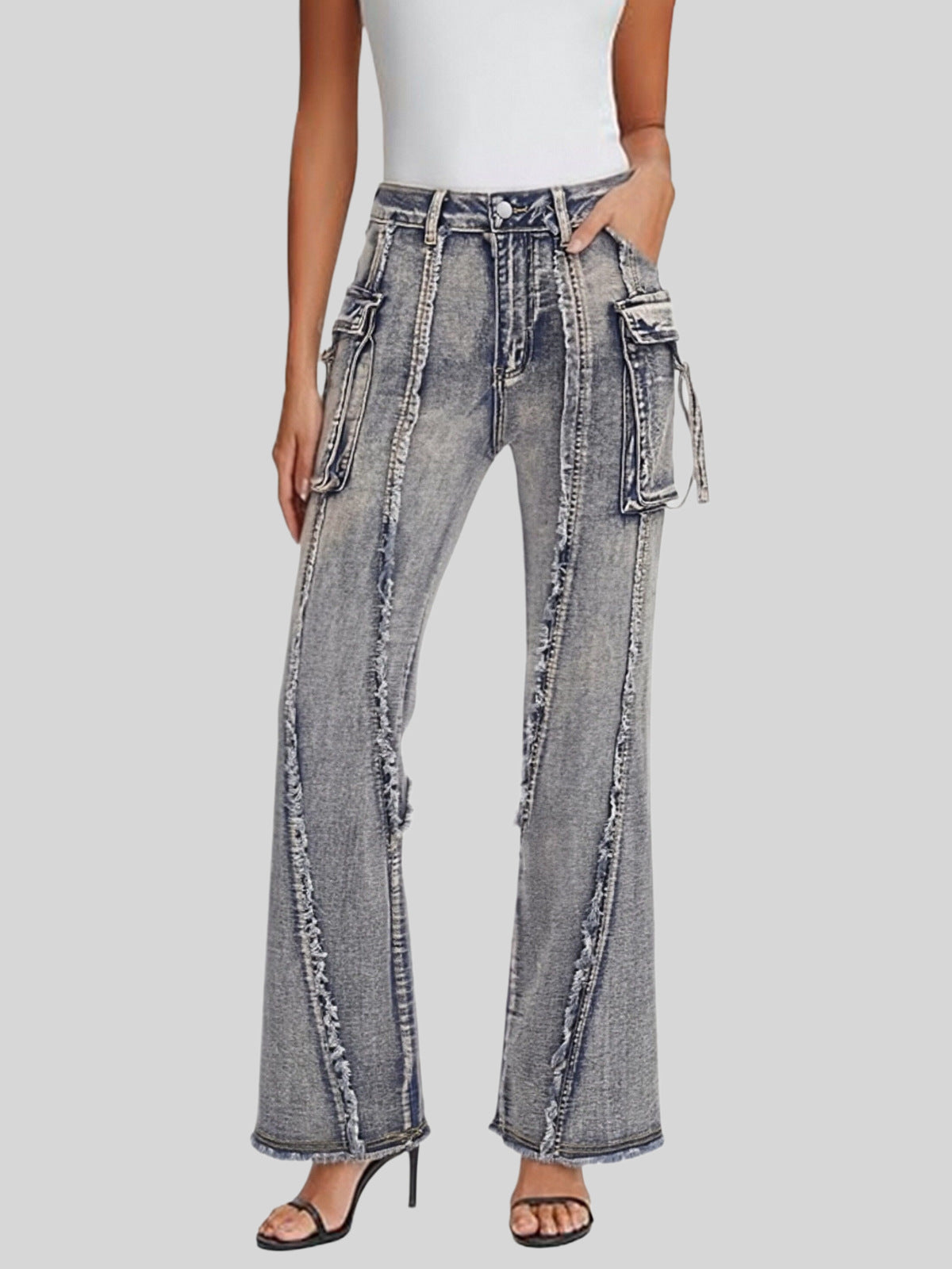 Street Trend Brand Wasteland Style Workwear Jeans, 3D Pocket Frayed Slightly Flared Wide-Leg Pants Women Jeans
