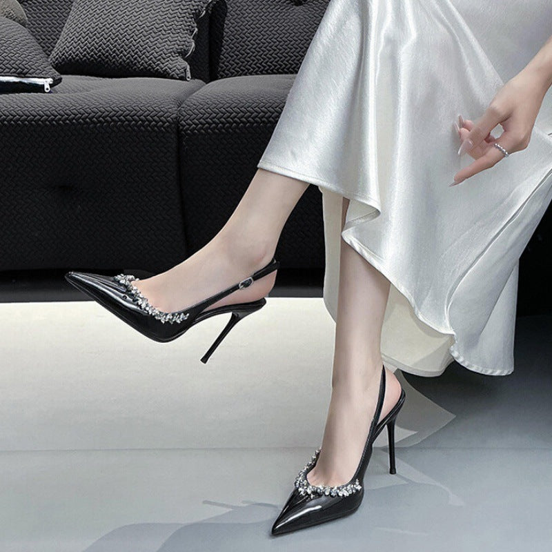 WO Huizhou City 2026 Autumn High Heel Sandals Rhinestone Toe Back Air European and American Versatile Fashionable Beautiful Black Stiletto Heel