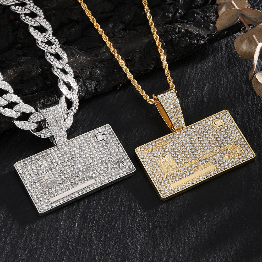 European and American hip hop full diamond domineering hang tag pendant necklace men's trend personality street wear Cuban chain necklace