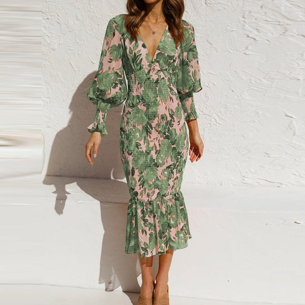 European and American women's clothing Amazon foreign trade new V-neck fashion sexy slim temperament long sleeve spring dress women's 661